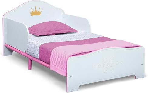 Delta Children Princess Crown Wood Toddler Bed with Fabric Mattress Support - Greenguard Gold Certified, White/Pink in Saudi Arabia