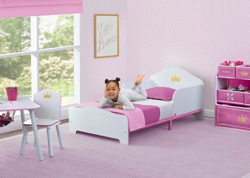 Delta Children Princess Crown Wood Toddler Bed with Fabric Mattress Support - Greenguard Gold Certified, White/Pink in Saudi Arabia
