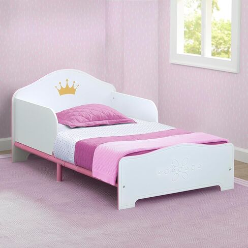Delta Children Princess Crown Wood Toddler Bed with Fabric Mattress Support - Greenguard Gold Certified, White/Pink in Saudi Arabia