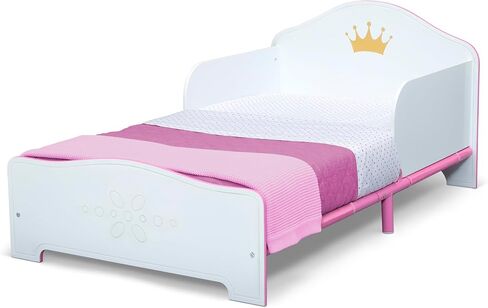Delta Children Princess Crown Wood Toddler Bed with Fabric Mattress Support - Greenguard Gold Certified, White/Pink in Saudi Arabia