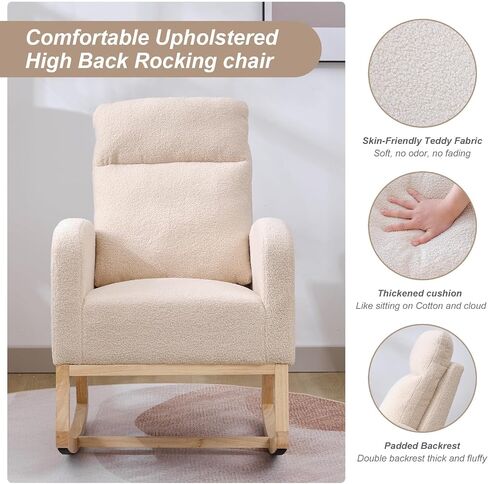 LUSPAZ Rocking Chair, Soft Teddy Velvet Fabric Rocking Chair for Nursery, Comfy Wingback Glider Rocker with Safe Solid Wood Base for Living Room Bedroom Balcony, Black in Saudi Arabia