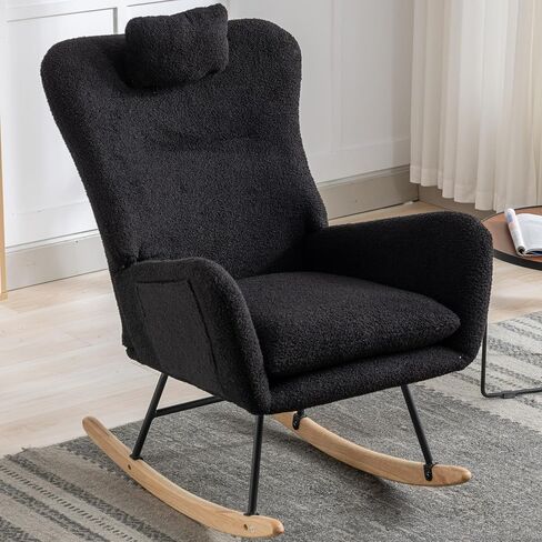 LUSPAZ Rocking Chair, Soft Teddy Velvet Fabric Rocking Chair for Nursery, Comfy Wingback Glider Rocker with Safe Solid Wood Base for Living Room Bedroom Balcony, Black in Saudi Arabia