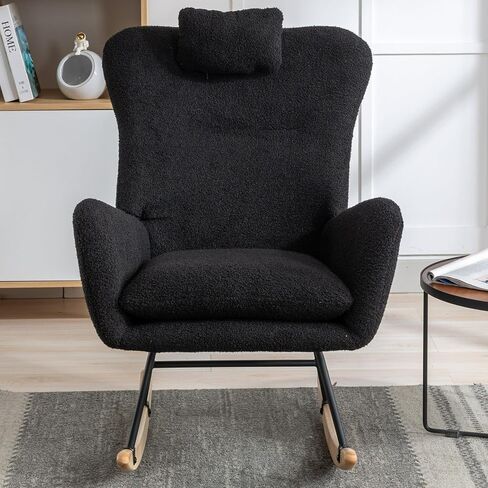 LUSPAZ Rocking Chair, Soft Teddy Velvet Fabric Rocking Chair for Nursery, Comfy Wingback Glider Rocker with Safe Solid Wood Base for Living Room Bedroom Balcony, Black in Saudi Arabia