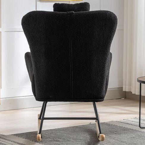 LUSPAZ Rocking Chair, Soft Teddy Velvet Fabric Rocking Chair for Nursery, Comfy Wingback Glider Rocker with Safe Solid Wood Base for Living Room Bedroom Balcony, Black in Saudi Arabia