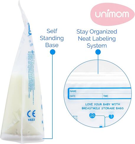 60 كيس تخزين حليب الثدي من Unimom - قائمة بذاتها، آمنة للاستخدام في الفريزر، قفل علوي بسحاب مانع للتسرب، معقمة مسبقًا، خالية من مادة BPA، قياسات محددة - 7 أونصة - من Unimom in Saudi Arabia