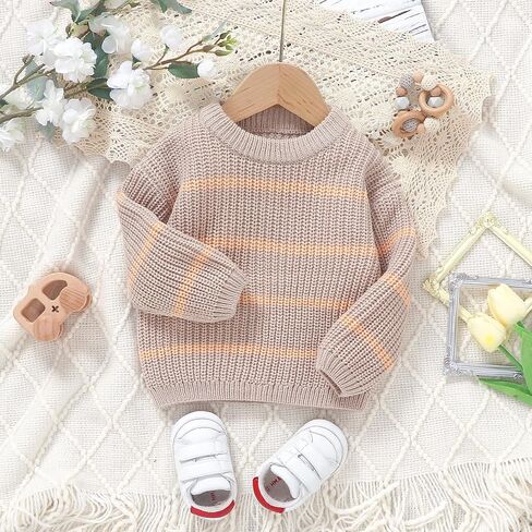 Newborn Toddler Baby Girl Boy Chunky Sweater Striped Sweater Long Sleeve Pullover Sweatshirt Fall Winter Clothes in Kuwait