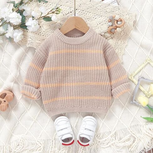 Newborn Toddler Baby Girl Boy Chunky Sweater Striped Sweater Long Sleeve Pullover Sweatshirt Fall Winter Clothes in Kuwait