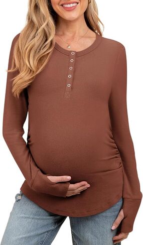 Women's Maternity Shirts Casual Long Sleeve Round Neck Button Side Ruched Pregnancy Fall Clothes S-XXL in Kuwait