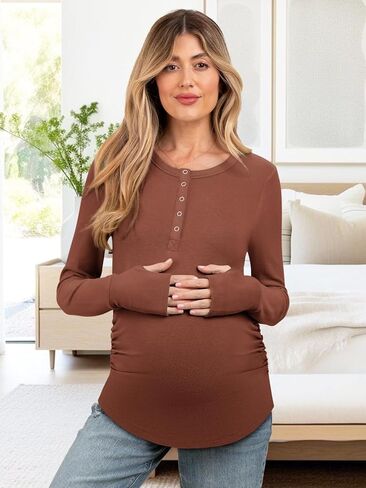 Women's Maternity Shirts Casual Long Sleeve Round Neck Button Side Ruched Pregnancy Fall Clothes S-XXL in Kuwait