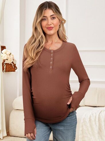 Women's Maternity Shirts Casual Long Sleeve Round Neck Button Side Ruched Pregnancy Fall Clothes S-XXL in Kuwait