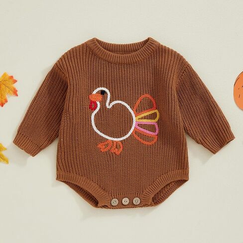 YOKJZJD Newborn Toddler Baby Girl Boy Thanksgiving Outfit Turkey Chunky Knit Sweater Romper Sweatshirt Fall Winter Clothes in Saudi Arabia