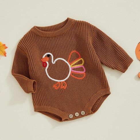 YOKJZJD Newborn Toddler Baby Girl Boy Thanksgiving Outfit Turkey Chunky Knit Sweater Romper Sweatshirt Fall Winter Clothes in Saudi Arabia