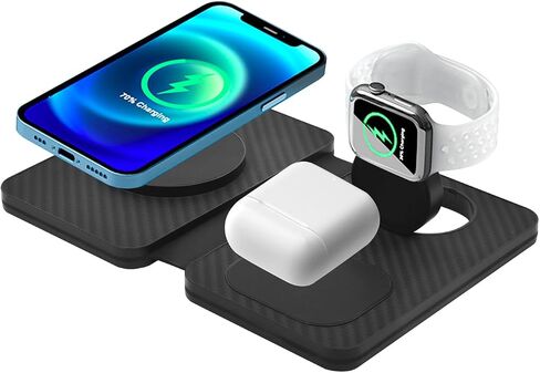 3-in-1 Charging Station for Apple Devices, 21W Mag Safe Wireless Charger, Foldable Travel Charger for iPhone 15-12 Series, AirPods, and iWatch Series (Walnut Wood) in Saudi Arabia