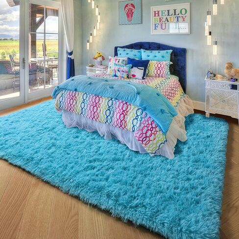 Amdrebio Blue Area Rugs for Bedroom, Fuzzy Fluffy Rug 5x8 for Living Room, Cute Plush Carpet for Kid Girl Boy Room, Shaggy Baby Rugs for Nursery, Shag Furry Corner Rug for Classroom, Turquoise Rug in Saudi Arabia