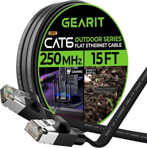 GearIT Cat 6 Outdoor Flat Ethernet Cable (15ft, Black) Direct Burial Rated LLDPE Jacket - Indoor Cat6 Shielded FTP 10Gbps High Speed Gaming Computer Network RJ45 Snagless Patch Cord Internet in Saudi Arabia