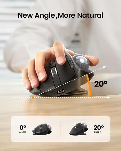 ProtoArc EM01 NL Wireless Trackball Mouse, Rechargeable Thumb Control, Gray | 0/20° Adjustable Angle to Reduce Fatigue, Triple-Device Bluetooth & 2.4G USB-A for Office Use, Silent Click, Easy to Clean in Kuwait