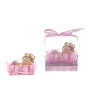 Baby Keepsake - Set of 12 "Girl" Baby Wearing Crown Napping on Pillow Favors - Pink