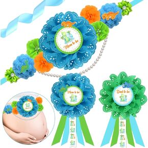 JOYMEMO Dinosaur Baby Shower Maternity Sash Kit - Flower Baby Shower Belly Belt and Mom To Be & Dad To Be Corsage Pins, Hatching Soon Baby Shower Decor, Pregnancy Sash Parents Baby Boy Supplies