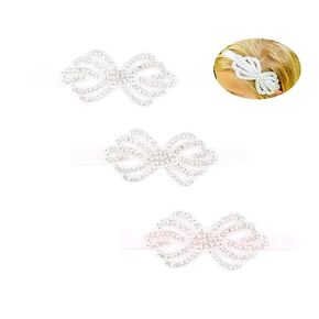 Nishine Girls White Rhinestone Flower Headband Pack Baby Christening Baptism Headband for Baby Shower Wedding Hair Accessories (Bow-3 Pack)