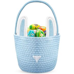 Easter Basket for Easter Eggs Hunt, Blue Personalized Easter Baskets Easter Egg Buckets Rabbit Basket for Boys Easter Party Gifts, Candy Basket Cotton Rope Woven Basket for Boys Girls Kids Children