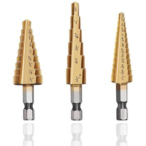 3Pcs Titanium Step Drill Bit Set, High Speed Steel Titanium Coated Drill Bits, 1/8" - 3/4" Total 28 Sizes for Plastic, Wood, Sheet Metal, Aluminum Hole Drilling