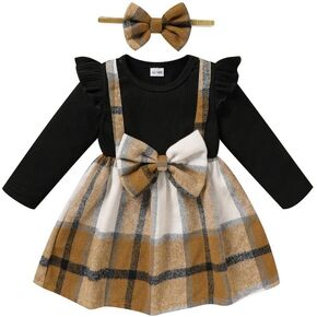 Baby Infant Toodle Girl Dress Ruffle Long Sleeve Knitted Bodysuits Plaid Suspender Skirt with Bowknot Headband
