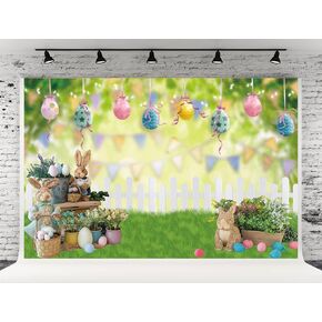 7X5ft Spring Garden Background Easter Photography Backdrop Easter Rabbit Colorful Egg Fence Flag Background Spring Easter Floral Bokeh Photo Studio Booth