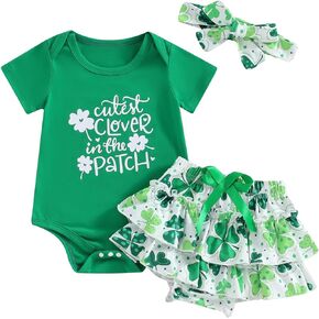 Omkzanbi Newborn Baby Girl St Patrick's Day Outfits Letter Printed Romper Bodysuit Clover Tutu Bloomers Shorts Headband