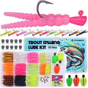 XFISHMAN-Trout-Fishing-Lure-Kit 165-Piece Creek & River Fishing Set with Split Tail Grub Worms, Shad Dart Jig Heads, Floats & Sinkers Ideal for Seasonal Trout Crappie Panfish