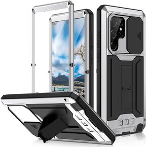 Compatible with Samsung S22 Ultra Case with Screen Camera Protector, S22 Ultra Rugged Military Metal Heavy Duty Case with Stand Screen Protector Slide Camera Cover for Man Outdoor (Sliver)