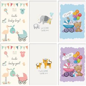Better Office Products 25 Pack New Baby Congratulations Cards with Envelopes, Baby Shower Cards, Bulk Set, 4 x 6 Inch, 6 Cover Designs, New Baby Girl and Boy Cards, Blank Inside