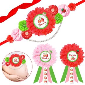 JOYMEMO Strawberry Baby Shower Maternity Sash Kit - Flower Baby Shower Belly Belt and Mom To Be & Dad To Be Corsage Pins, Pregnancy Sash Parents Baby Girl Party Supplies