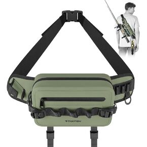 THKFISH Waterproof Fishing Waist Pack with Fishing Rod Holder, Fishing Tackle Bag with Adjustable Strap, Airtight Zipper Closure, Lightweight Sling Fishing Waist Bag for Fly Fishing