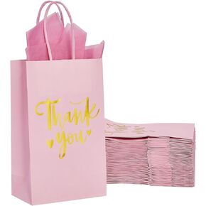 DjinnGlory 50 Pack Small Pink & Gold Foil Thank You Paper Gift Bags with Handles 9''x5.5''x3.15'' and 50 Tissue Paper for Mother's Day Wedding Bridal Baby Shower Birthday Princess Party Supplies