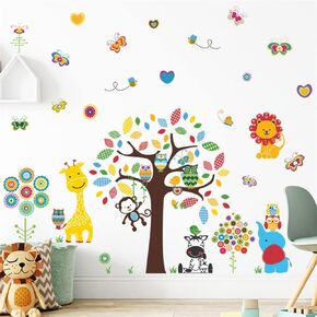 Jungle Tree Animal Wall Decals Elephant Lion Giraffe Monkey Wall Stickers for Kids Room Baby Nursery Playroom Living Room Wall Decor