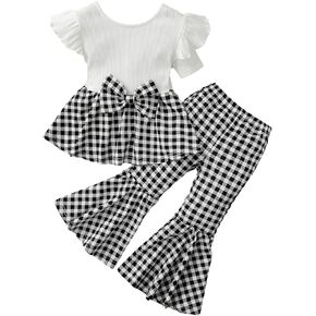 SweatyRocks Baby-girls 2 Piece Set Gingham Ruffle Short Sleeve Bow Front Tee Top and Plaid Flare Leg Pants