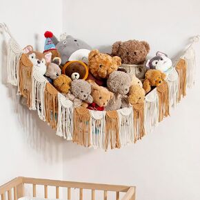 Stuffed Animal Storage Net or Toy Hammock Macrame Corner Hanging Net for Plush Toy Storage Nursery Kidroom Organizer Stuffy Animal Toy Display Brown