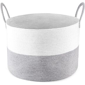 Housiney Extra Large Cotton Rope Basket, Woven basket Toy Bin for living room, Wicker Storage Basket Dog Toy Basket Storage Bins Organizer, Grey White,1 Pack
