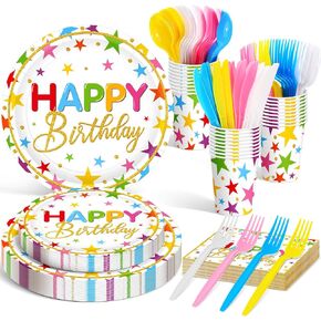 Meanplan Serves 24 Guests Happy Birthday Plates and Napkins Rainbow Polka Dot Birthday Tableware Set Rainbow Dot Birthday Party Decorations for Kids Included Cups Knives Forks Spoons Total 168 Pcs