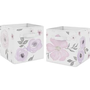 Sweet Jojo Designs Lavender Purple, Pink, Grey and White Organizer Storage Bins for Watercolor Floral Collection - Set of 2 - Rose Flower