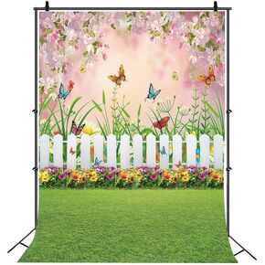 INRUI Spring Easter Garden Photography Backdrop Green Grass Lawn Floral Butterfly Fence Baby Shower Birthday Party Backgrounds (5x7FT)