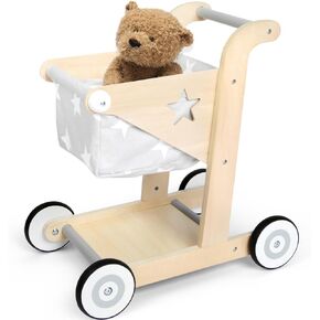 Asweets 2 in 1 Wooden Baby Walker Push and Pull Doll Stroller,Shopping Cart Learning Walker for Boys and Girls Sit Stand Learning Walker Toddler Toy (Brown)
