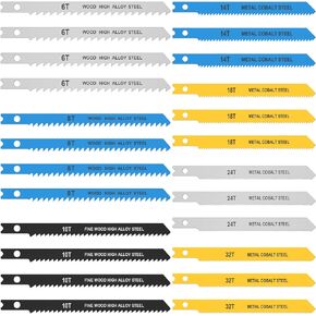 EP 24Pcs Jig Saw Blade Set High Carbon Steel Assorted Saw Blades with U-Shank Sharp Fast Cut Down Jigsaw Blade Woodworking Tool for Wood Metal Plastic Cutting GUANSHANG