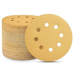 100 Pcs Abrasive 5 in Gold Sanding Disc Hook and Loop 8 Hole 60/80/120/180/240 Grit Sandpaper Round Sandpaper for Random Orbital Sander