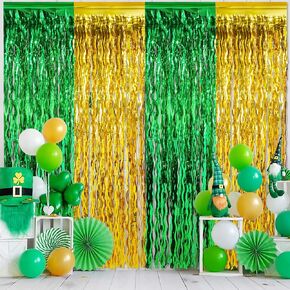 3 Pack St. Patrick's Day Wavy Foil Fringe Curtains 3.3x6.6ft, St Patricks Day Party Decorations, Green Gold Metallic Tinsel Streamer Photo Backdrop for Irish Saint Patricks Day Party Supplies