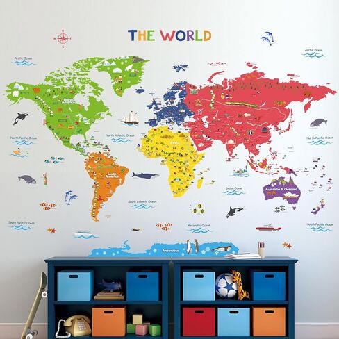 DECOWALL DL3-2212 XLarge ملصقات حائط ملونة لخريطة العالم للأطفال (61 × 43 بوصة) ملصقات جدارية قابلة للتقشير والعصا ملصقات جدارية قابلة للإزالة للأطفال وغرفة النوم وغرفة المعيشة in Saudi Arabia