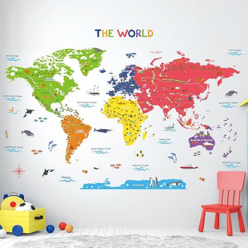 DECOWALL DL3-2212 XLarge ملصقات حائط ملونة لخريطة العالم للأطفال (61 × 43 بوصة) ملصقات جدارية قابلة للتقشير والعصا ملصقات جدارية قابلة للإزالة للأطفال وغرفة النوم وغرفة المعيشة in Saudi Arabia