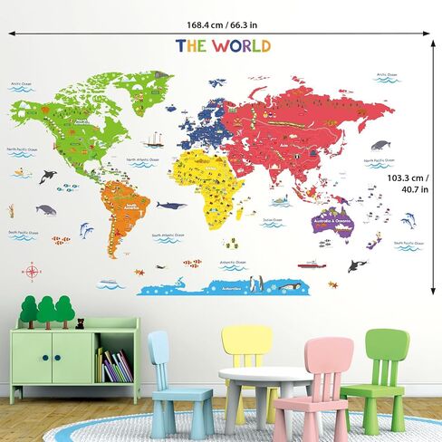 DECOWALL DL3-2212 XLarge ملصقات حائط ملونة لخريطة العالم للأطفال (61 × 43 بوصة) ملصقات جدارية قابلة للتقشير والعصا ملصقات جدارية قابلة للإزالة للأطفال وغرفة النوم وغرفة المعيشة in Saudi Arabia