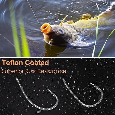 Luroad 50 قطعة من خطاف صيد سمك الشبوط الشائك الخشن، متوفر بخطاف ساق منحني مطلي بالتفلون وخطاف فجوة واسعة مقاس 2، 4، 6، 8، 10 in Kuwait