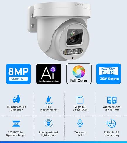 Compatible for Hikvision 8MP Full Color PTZ Camera Outdoor, 5X Optical Zoom 2.7~13.5mm Lens, 4K Turret IP Camera with Smart Dual Light Night Vision,Human Vehicle Detection,2-Way Audio,SD(512G),IP67 in Saudi Arabia